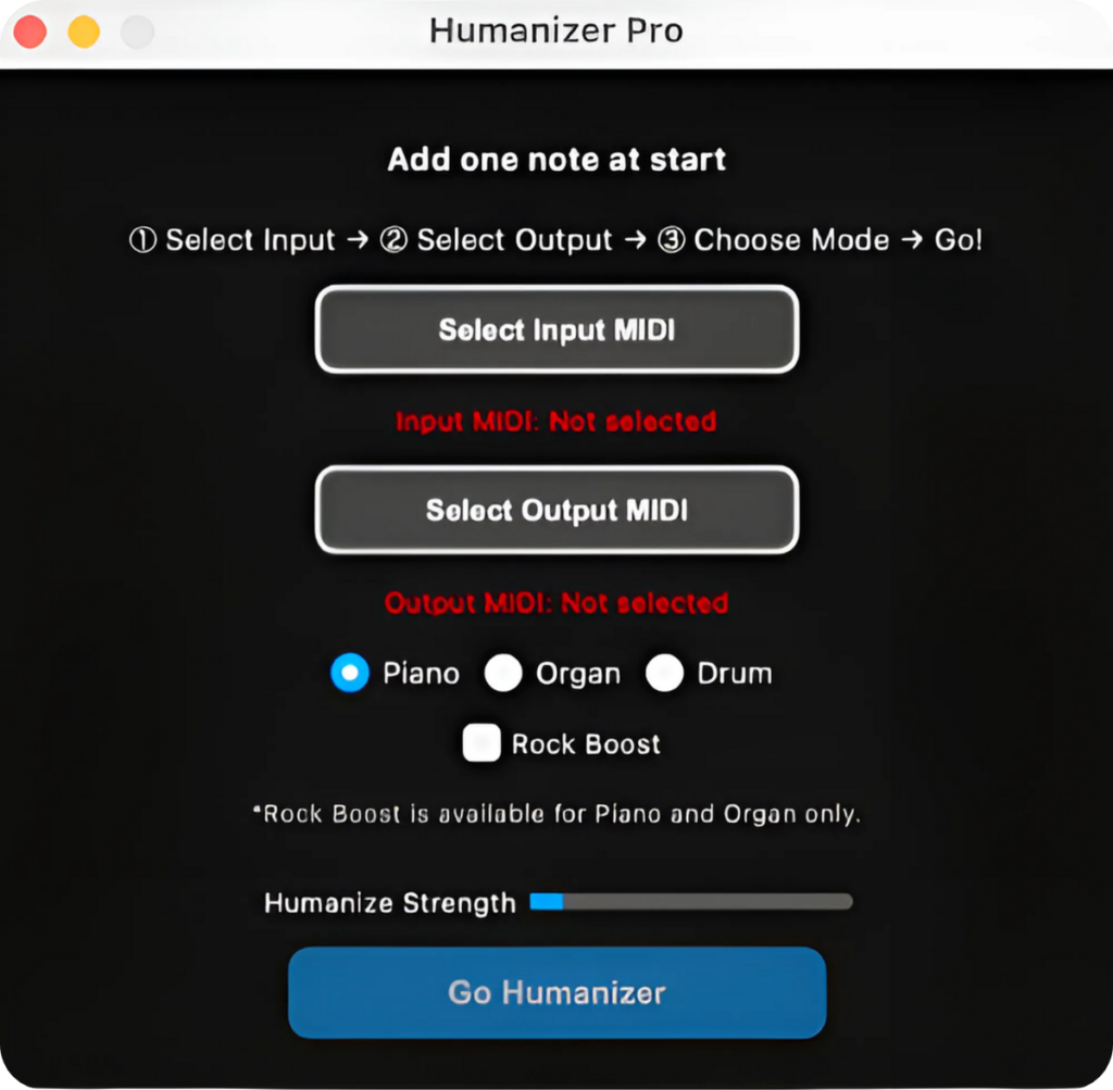 Humanizer Proのユーザーインターフェース画面。MIDIベロシティ調整の操作パネル。